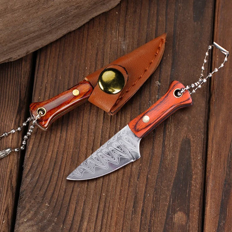 Mini Damascus Laser Pattern Knife Key Chains Pendant Small Blade Straight Knife With Leather Case Portable EDC Knife Tools