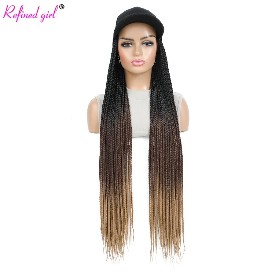 Synthetic Ombre Black Brown Blonde Box Braiding Hair with Hat Attached for Women Girls 30inch long Baseball cap wig pure ombre