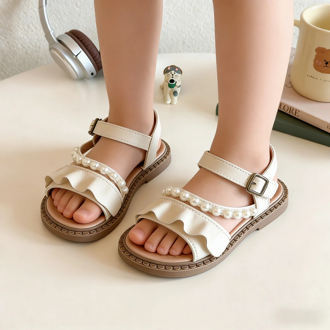 

Kids'Casual Shoes Sandals Open-Toe Pearl PU Leather Summer Shoes For Girls Anti-slip Soft Bottom Beige Roman Sandals Size 26-36