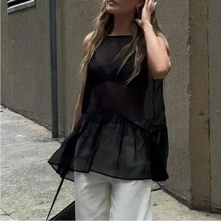 Women's Loose See-through Sleeveless round Neck Sexy Black Top Fashionable Summer Hot Girl Transparent V-neck Long Sleeve Coat