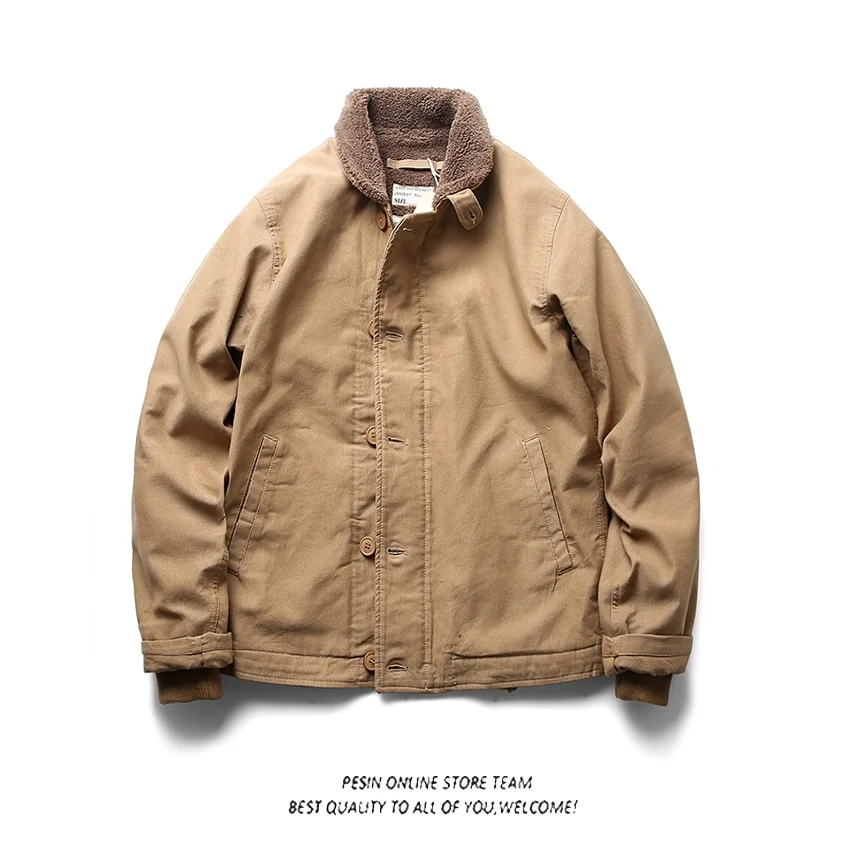 

Retro American N Boarding Cotton Workwear Thiened Lamb Velvet Men's Warm Coat Youth Faion Stand Fit Pure Color Zipper