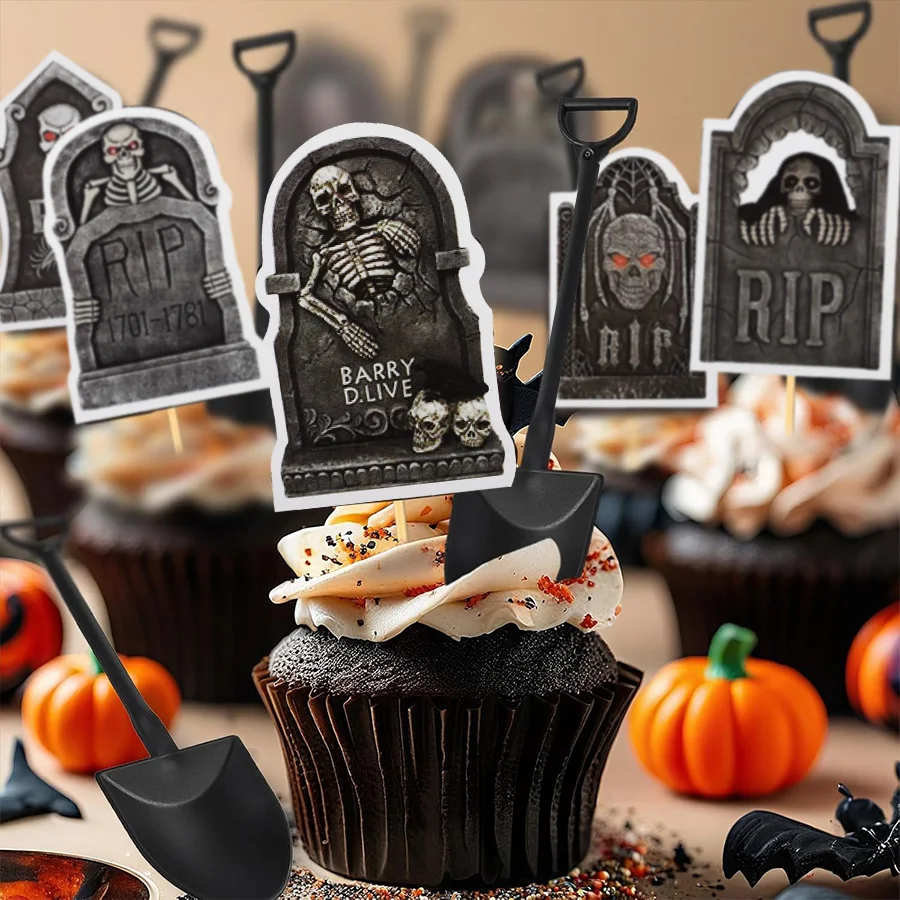 16/32 Stück Halloween Horror Cupcake Topper Grabstein Skelett Kuchen-Dessert-Deko Halloween Geburtstag Party Dekorationszubehör – Detail 1