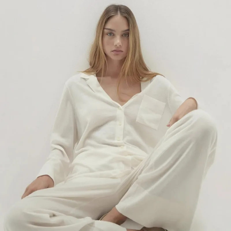 

Комплект женской домашней одежды на осень 2026: вязаная пижама в европейско-американском стиле с длинными рукавами, свободного кроя, для комфорта и отдыха, размер L