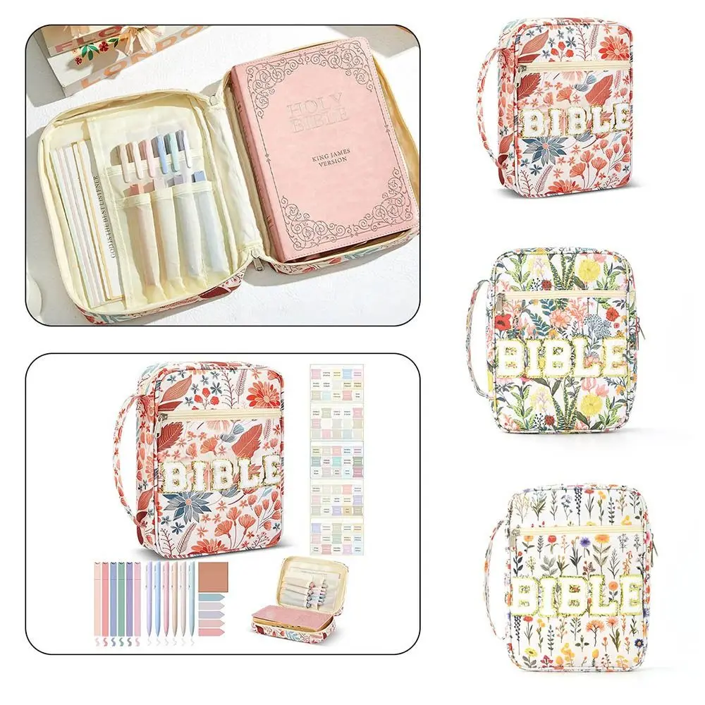 

Portable Dustproof Book Storage Bag Flora Aesthetic Bible Cover Case Large-capacity Zipper Floral Study Bag Student
