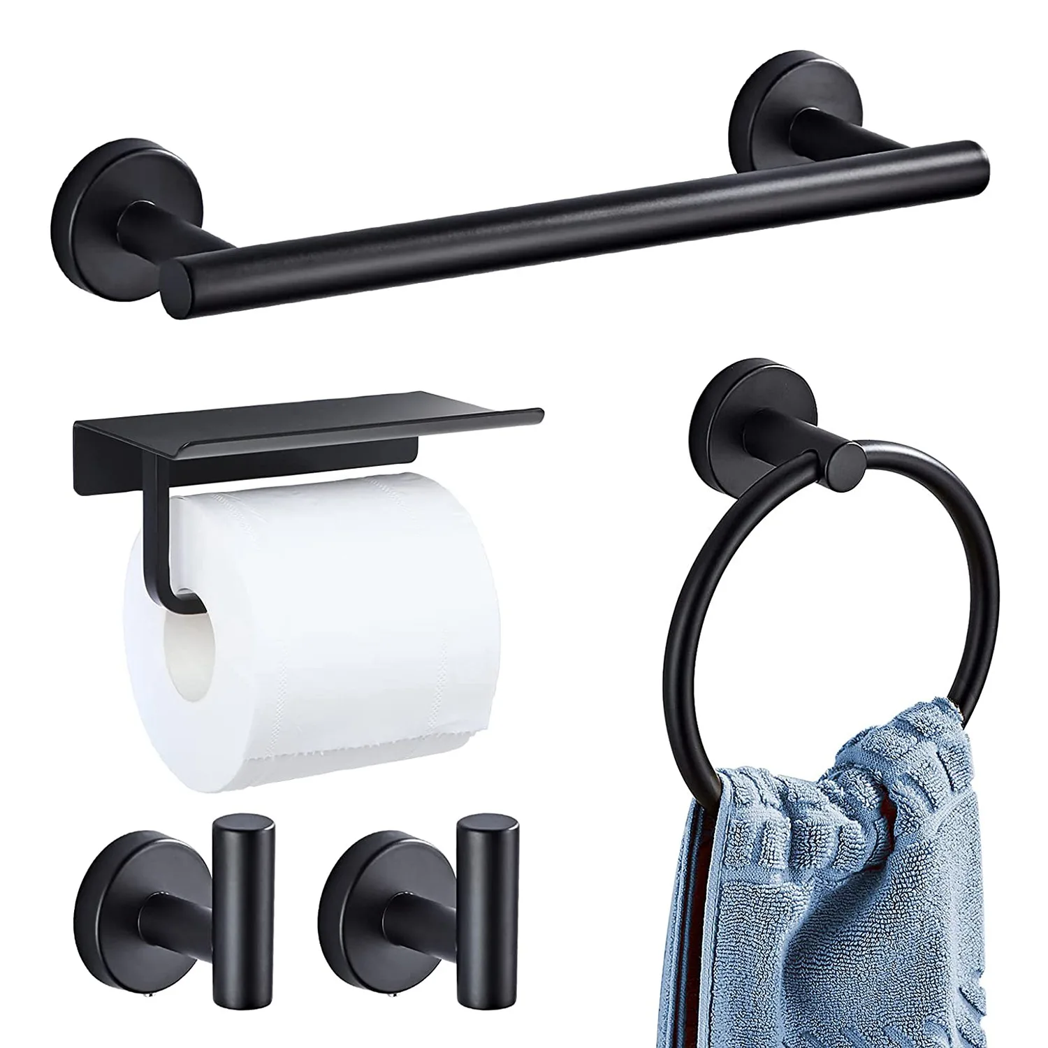 

5 Pieces Bathroom Hardware Set, Include 16 Inches Towel Bar, Towel Ring, Toilet Paper Holder with Shelf, 2 Hooks, Black