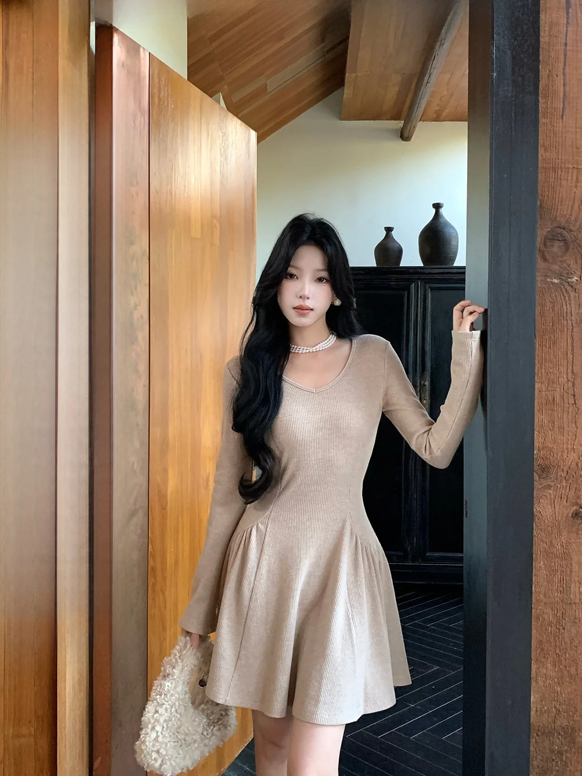 

Iceollo Winter ort Knitted Dr Women's Beautiful Waist-Cut Dr Matching with Coat Simple Sle Long Sve V-Ne Dr