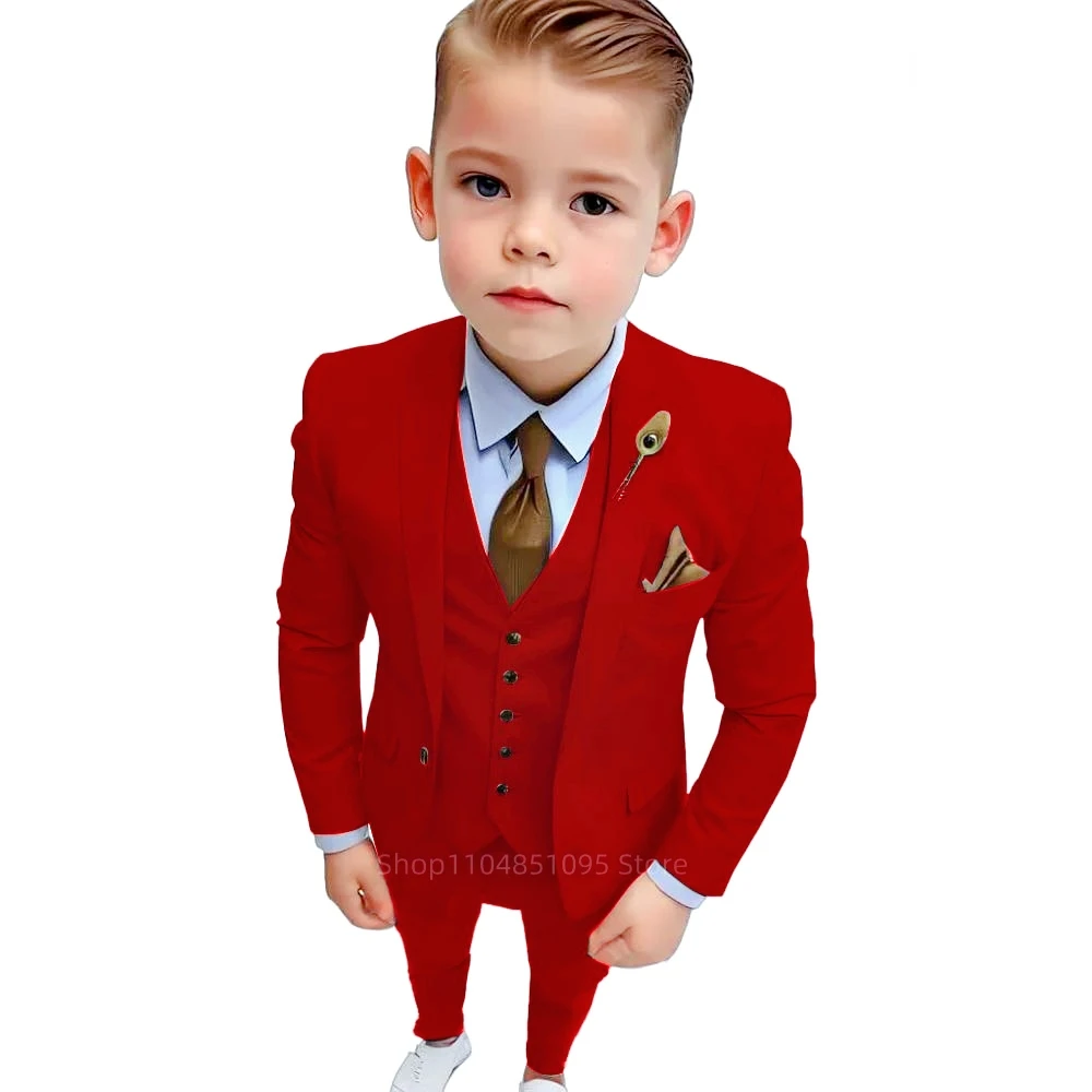 

Red Suit For Boys Formal Wedding Tuxedo 3 Pieces Slim Fit Jacket Vest Pants Kids Clothes Customized Available For 2-18 Years Old