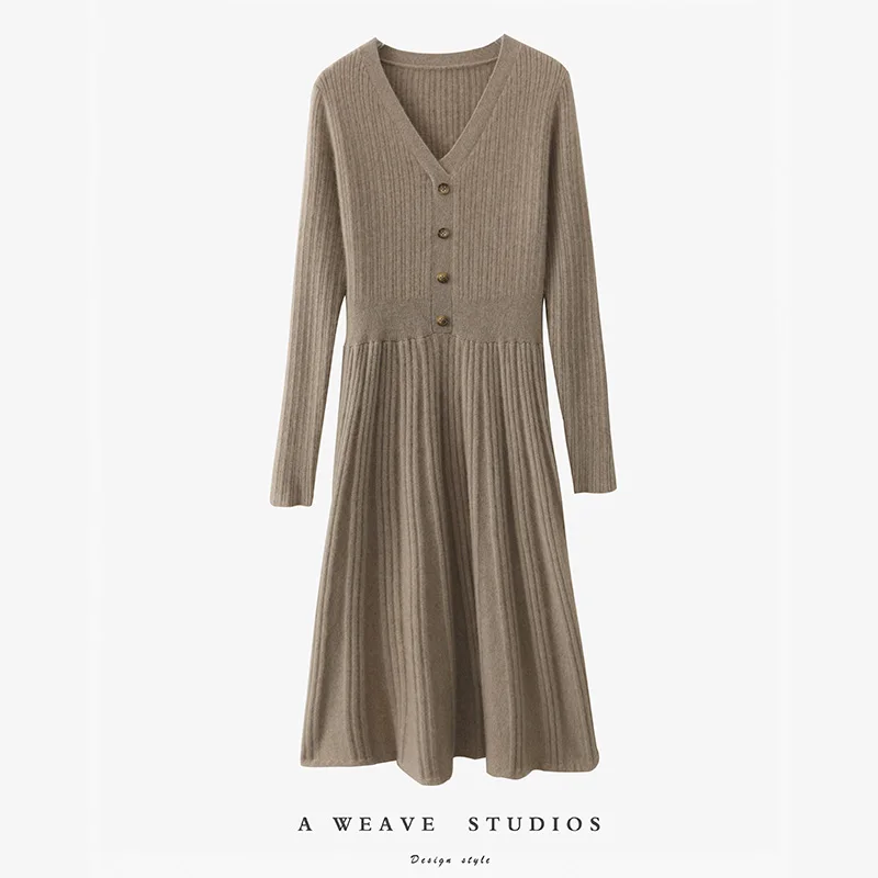 V-Neck Button 100% Wool Dress For Women Autumn Winter Warm And Elegant Pullover Solid Color French Fashion Slim Fit Knit Sweater