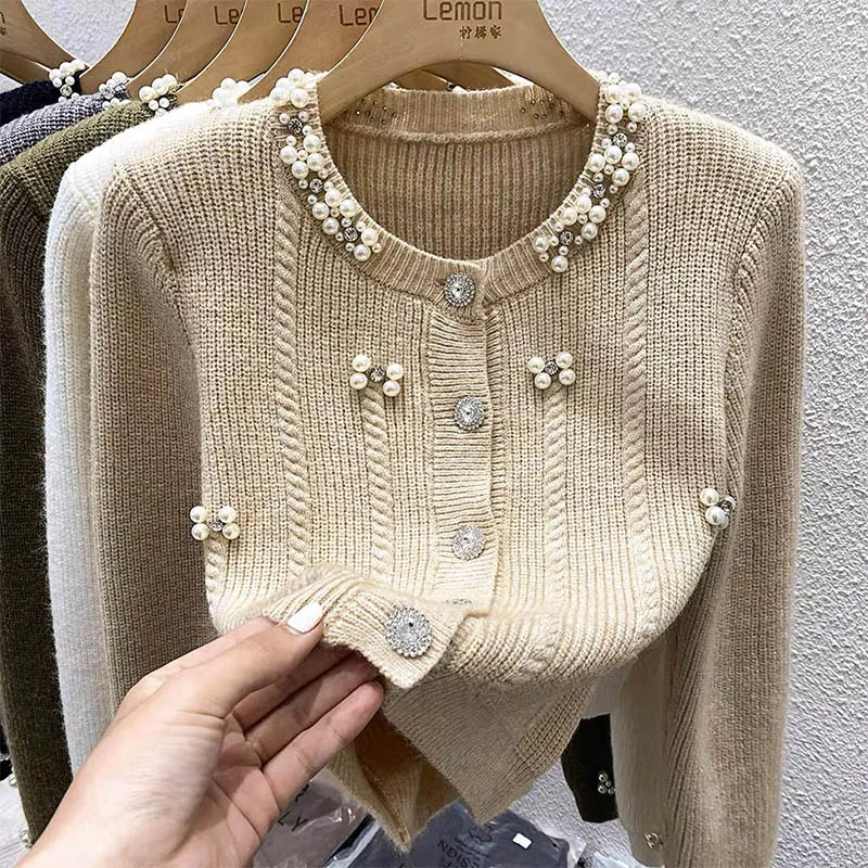 Women Clothing Chic Diamonds Luxury Pearl Short Sweaters Button Knitted French Fashion Casual Slim Cardigan Tops