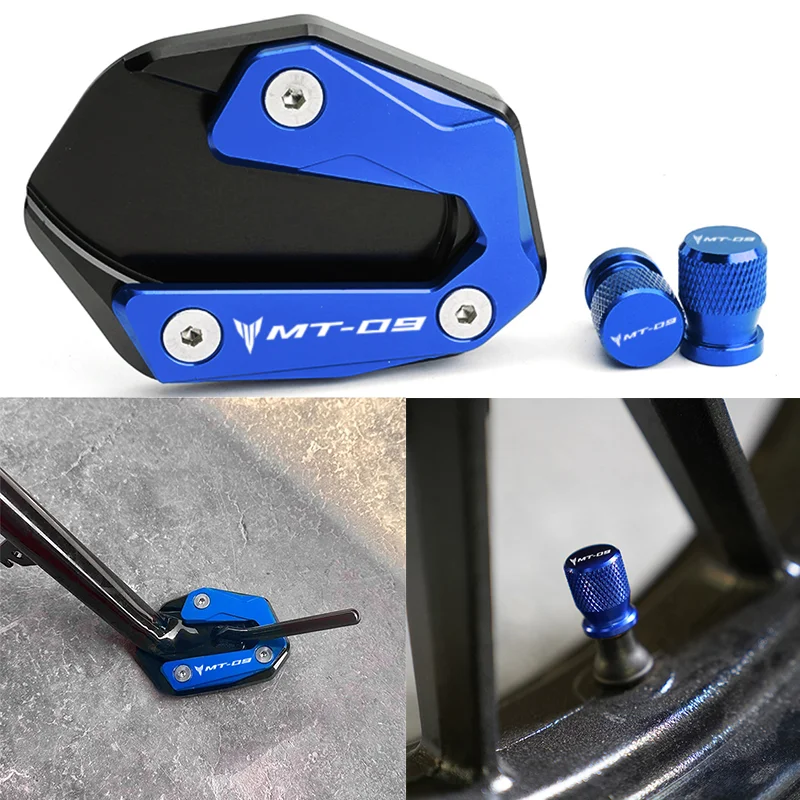 

Motorcycle Kickstand Foot Side Stand Enlarger Pad & Tire Valve Cap For Yamaha MT09 MT 09 MT-09 SP FZ09 Tracer 900GT