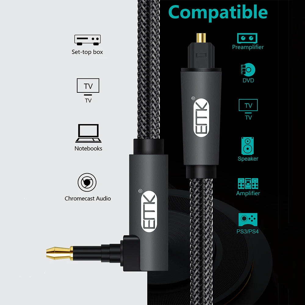 EMK 90 Degree Mini Toslink to Toslink Cable Right Angle Digital SPDIF Optic Fiber Cable 3.5 to Optical Audio Cable Adapter