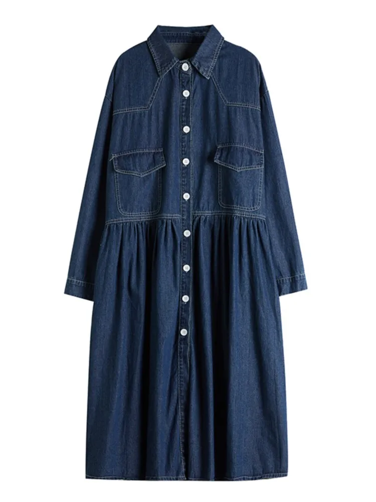 Denim Oversized Autumn Long Shirt Dress Women Ruffle Pleated Fashion Loose Ladies Dresses Long Sleeve Casual Woman Shirt Dress