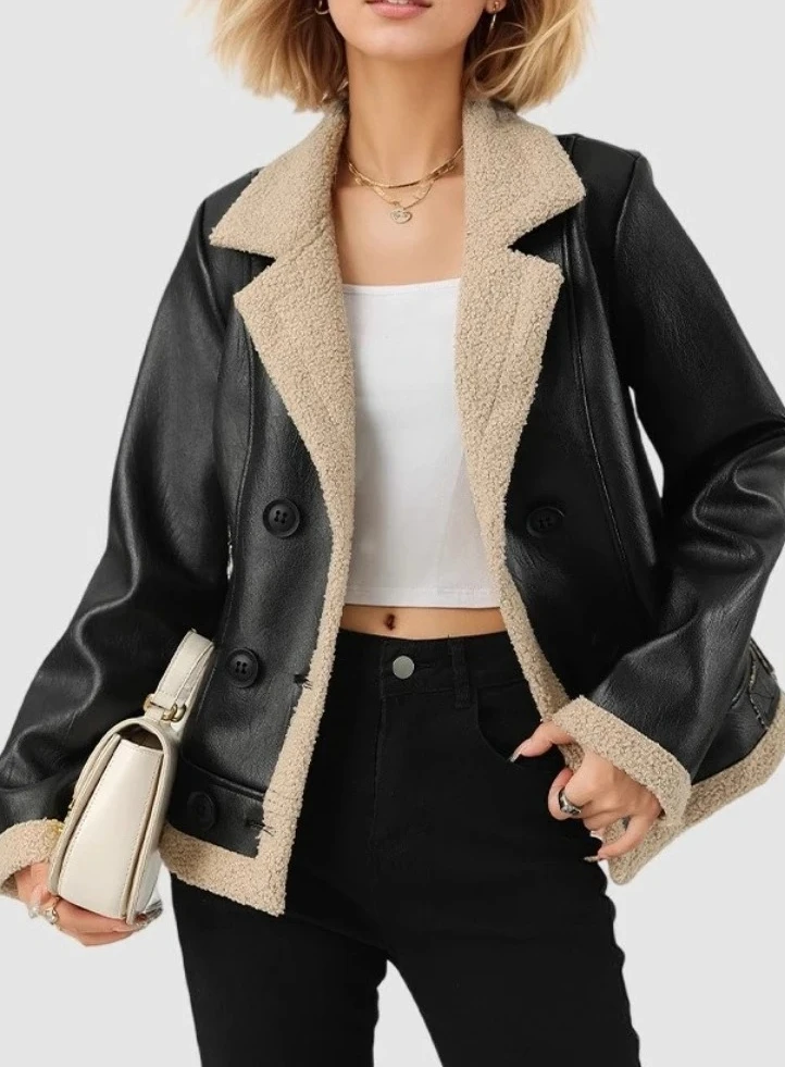 

Women Fleece Thickened PU Leather Jacket Lapel Small Fragrance Wind Integrated Fur Coat European American Style