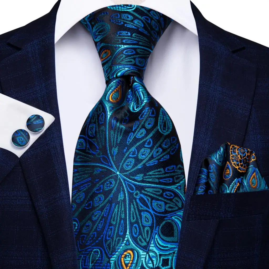 Hi-tie pavão azul novidade design gravata de casamento de seda para homens lenço abotoaduras presente masculino conjunto de gravata festa de negócios dropshipping