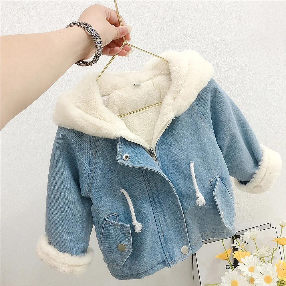 1-7T Winter Denim Jackets for Girls Toddler Kid Baby Clothes Infant Long Sleeve Hooded Thick Warm Coat Childrens Outwear Outfit