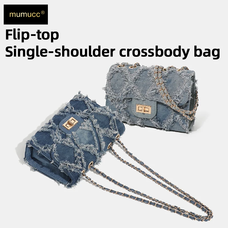 Flip-Top-Umhängetasche mit einem Riemen, Tasche aus zerrissenem Denim-Stoff, kleine quadratische Tasche mit Rautenmuster, Pendler-Kettentasche