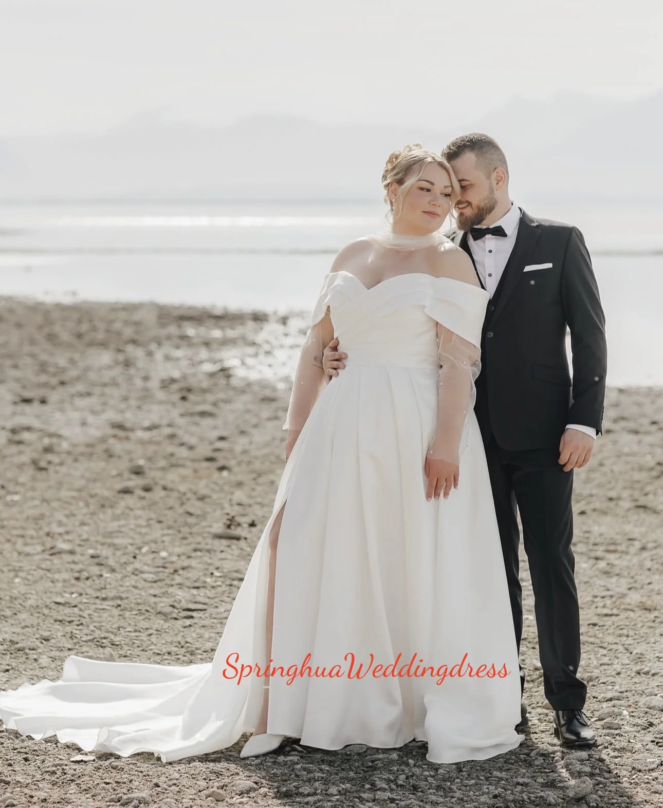 

Customized Roycebridal Plus Size Satin A Line Wedding Dress Pleat Off The Shoulder Court Train Bridal Gowns
