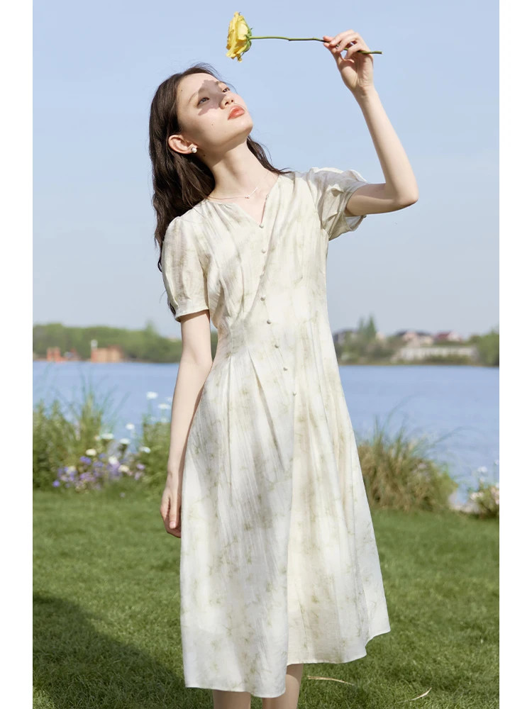 Ziqiao Elegant Floral ชุดยาวสําหรับหญิง 2024 ฤดูร้อนใหม่สไตล์ฝรั่งเศสโรแมนติกผู้หญิง Slim Dress 24ZQ92310