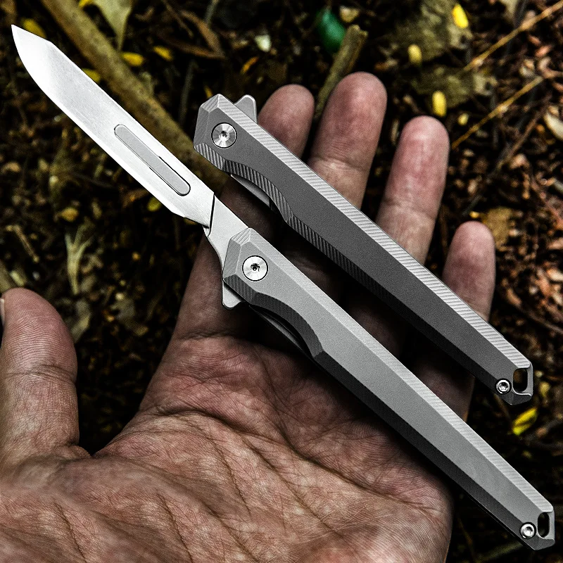 Titanium Alloy Fast Open Folding Knife Medical EDC Outdoor Unpacking Pocket Utility Knife 10PCS NO.60 Replaceable Blades