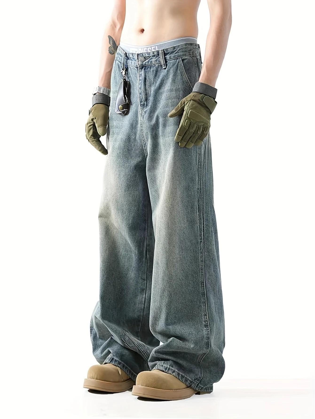 

Мужские синие джинсы свободного кроя — повседневный уличный стиль с большими карманами, стираный вид, удобные для повседневной одежды