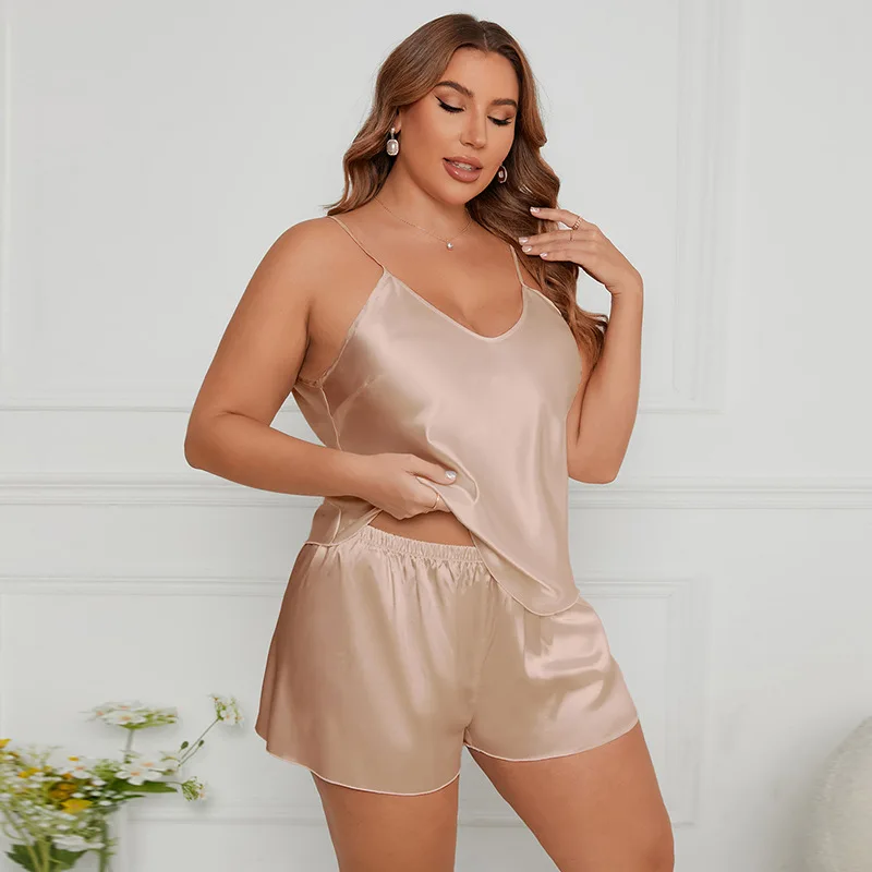 Women Ice Silk Satin Sling Shorts Pajamas Sets Sleepwear Ladie Sexy Sleeveless Pyjamas Nightwear