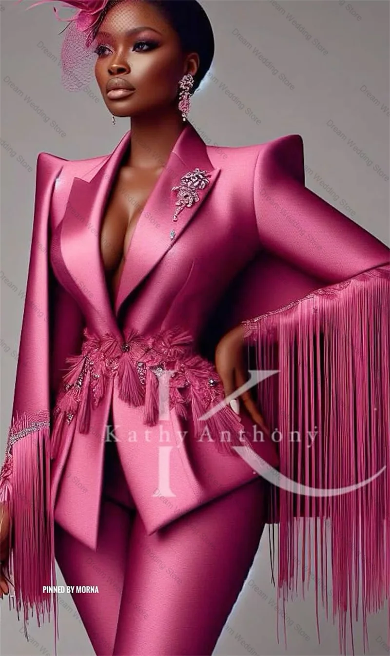 

Pink Satin Women Suit Pants 2 Pcs Tassel Blazer+Trousers Formal Office Lady Jacket Customized Appliqued Wedding Tuxedos Coat