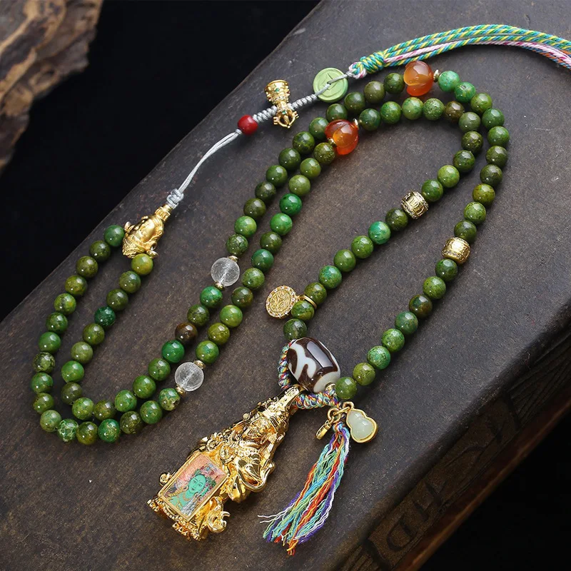 

Natural Mineral Seed Lettering Hand Painted Green Tara Thangka Copper Gold Plated Zakiram Shell Pendant Sweater Chain Jewellery