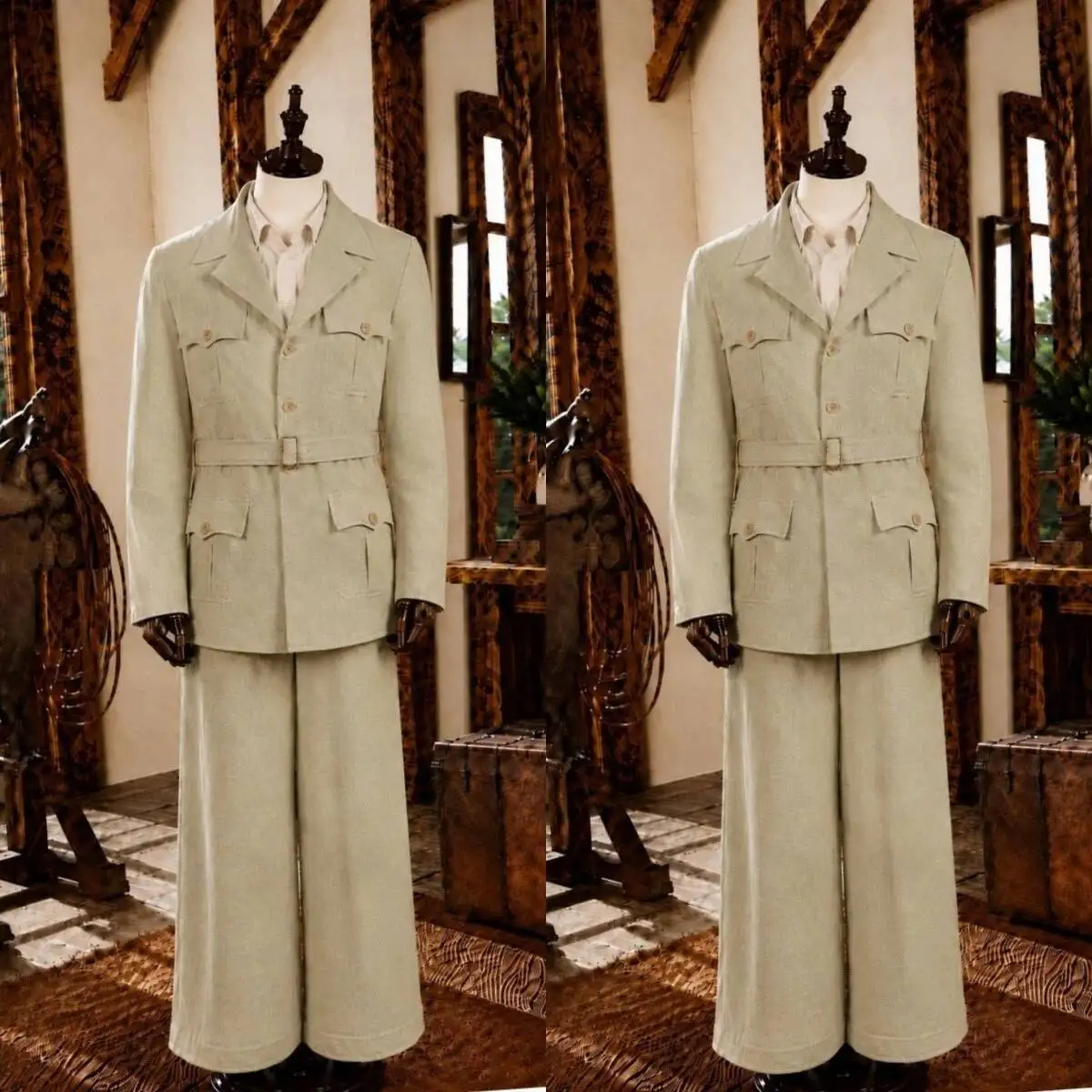 Light Khaki Linen 2 Piece Safari Suit Men Belted Waist Four Patch Pocket Notch Lapel Summer Outdoor Wide Leg Pants Customized