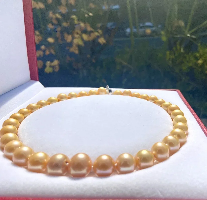 Genuine 12-14mm Natural gold Golden Color Pearl Necklace for Women Luster Luxury Fine Jewelry