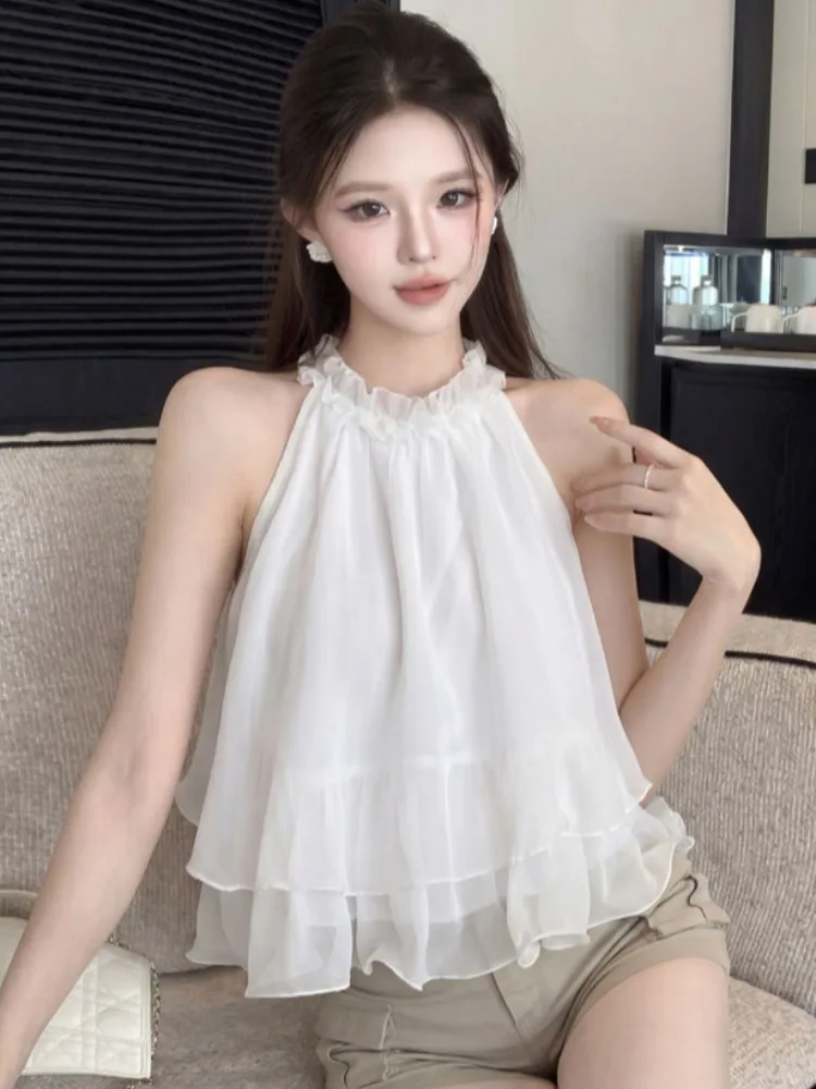 

Loose Women's Summer Shirt Collar Hanging Neck Wooden Design Breathable Knitted Top Sweet Style City Walk Fashion