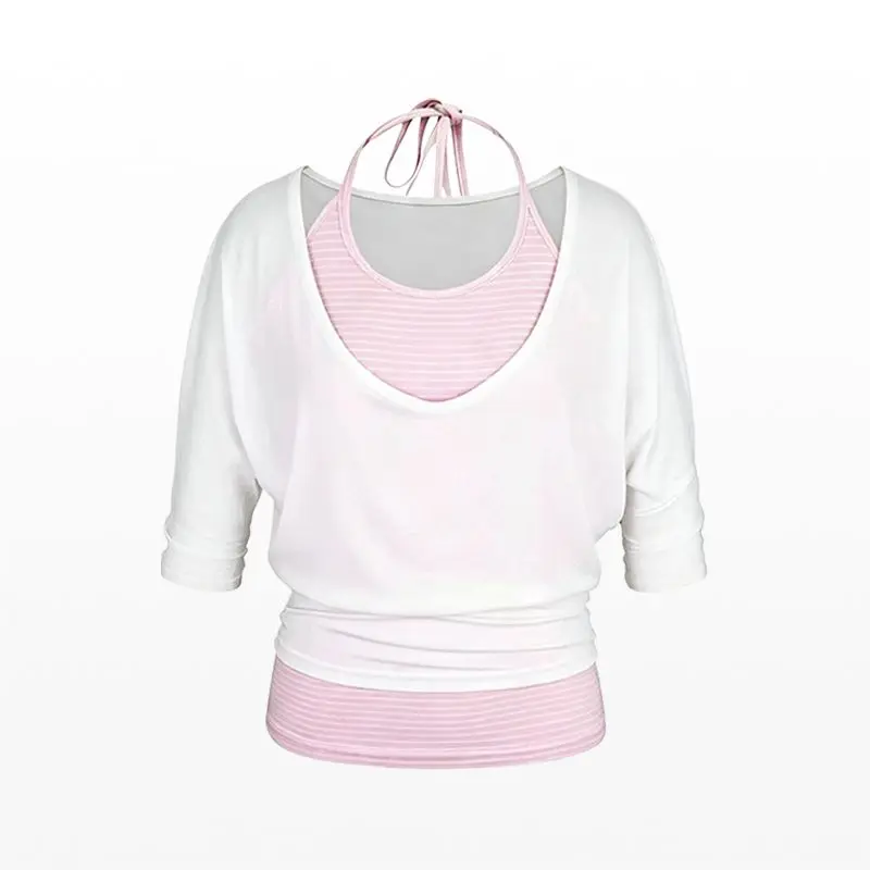Korean Striped Halter Top Layered Slim Fit Two-piece Shirt Summer Versatile Short Sleeved Top