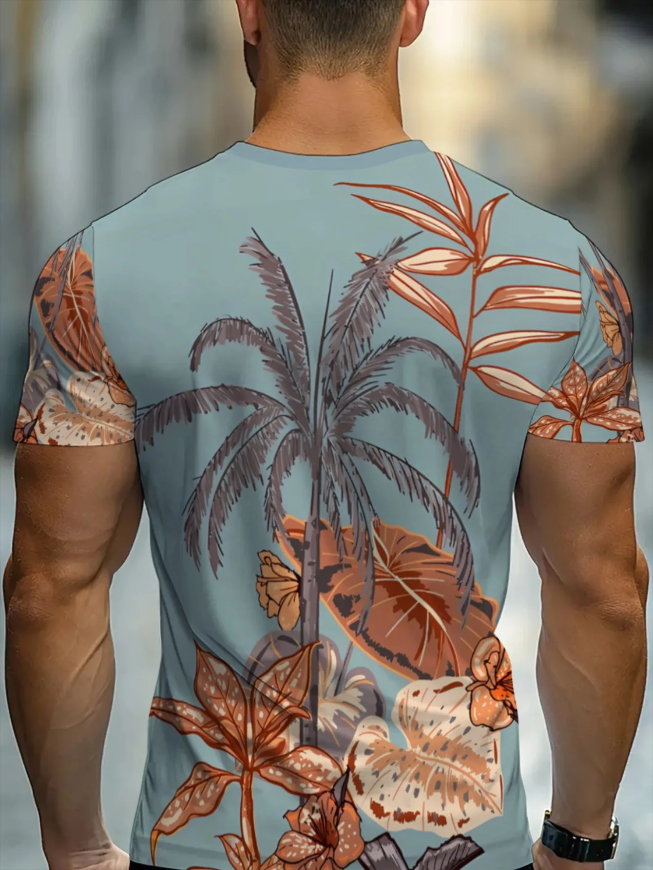 Men Light Blue Vintage Coconut Tree Tropical Leaf 3D Print Crew Neck T Shirt Summer Short Sleeve Casual Street Tee