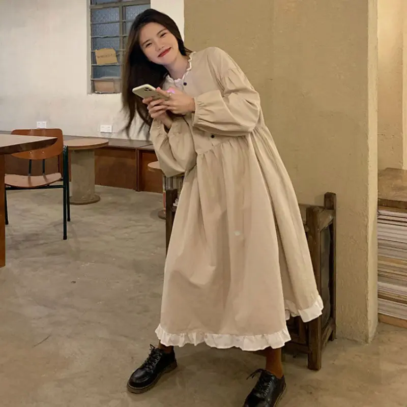 

Spring Autumn New Loose Contrast Patchwork Vintage Dress Long Sleeve Button All-match Midi Dress Fashion Sweet Women Clothing