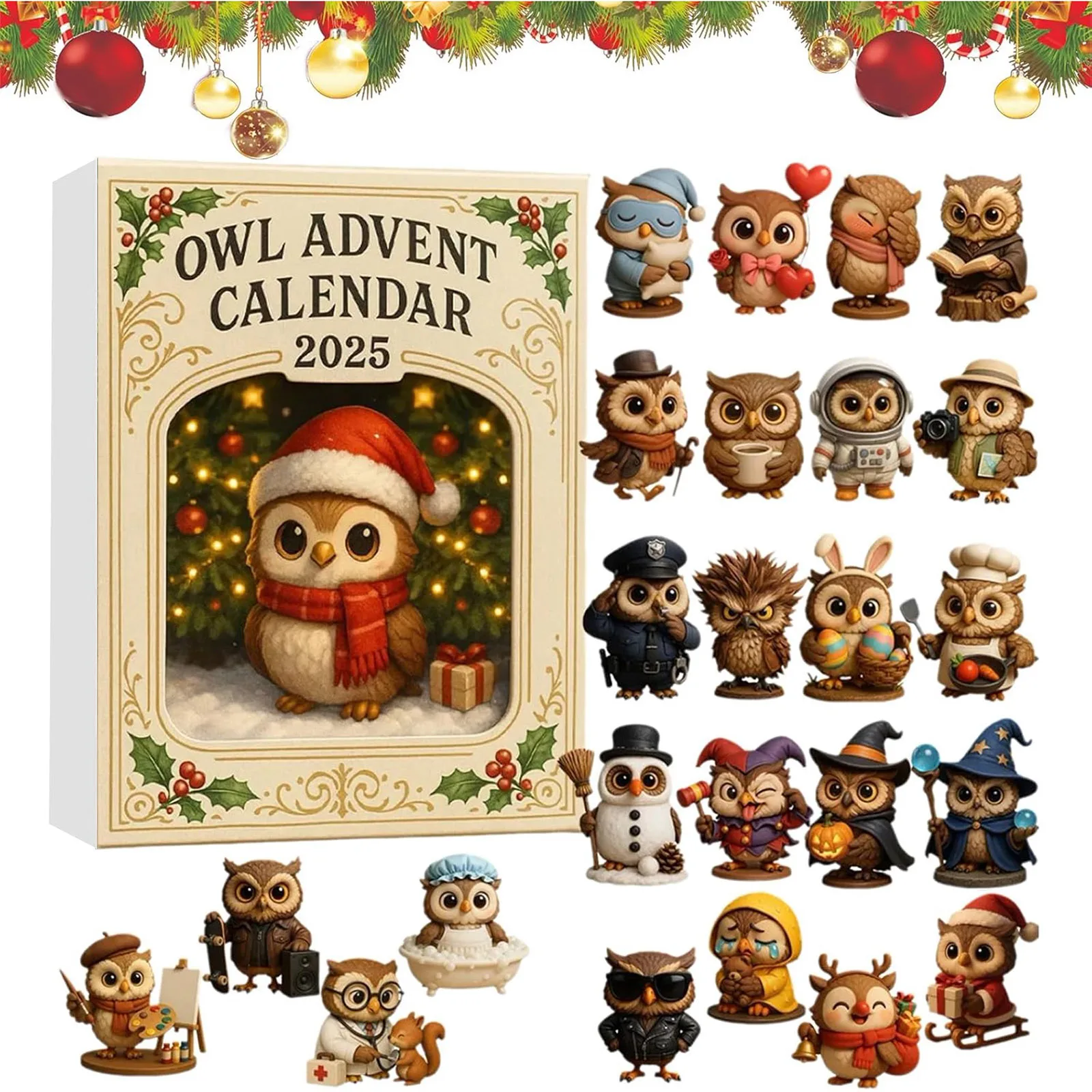 Juego de cocina Calendario de Adviento de búho 2025 24 días con 24 mini regalos únicos dentro de búho acrílico 2D Temporizador de 5 minutos para niños