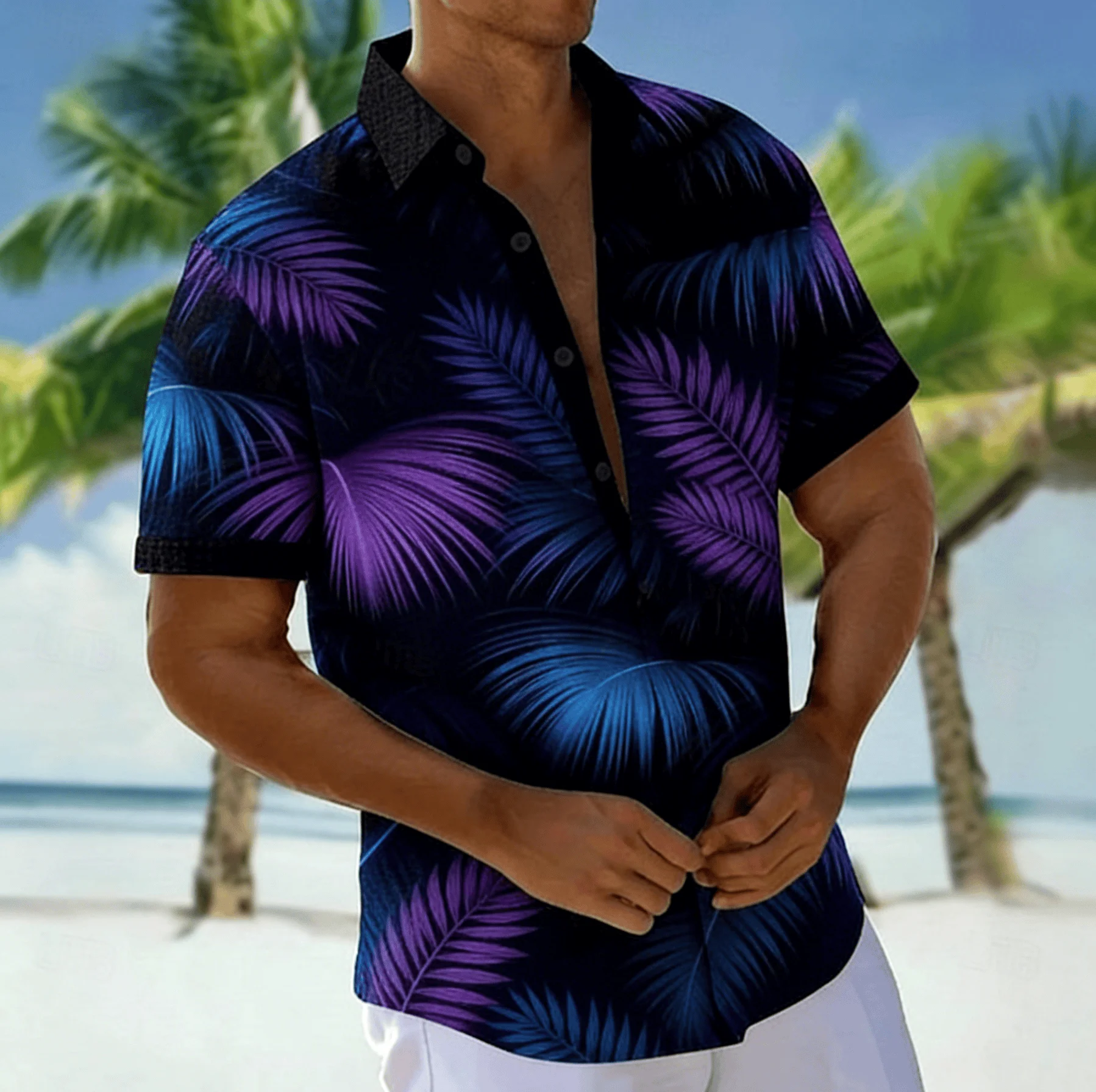 Men's Black Palm Leaf Print Short Sleeve Shirt, Spring Summer Tropical Hawaiian Vacation Blouse, Loose Casual Top
