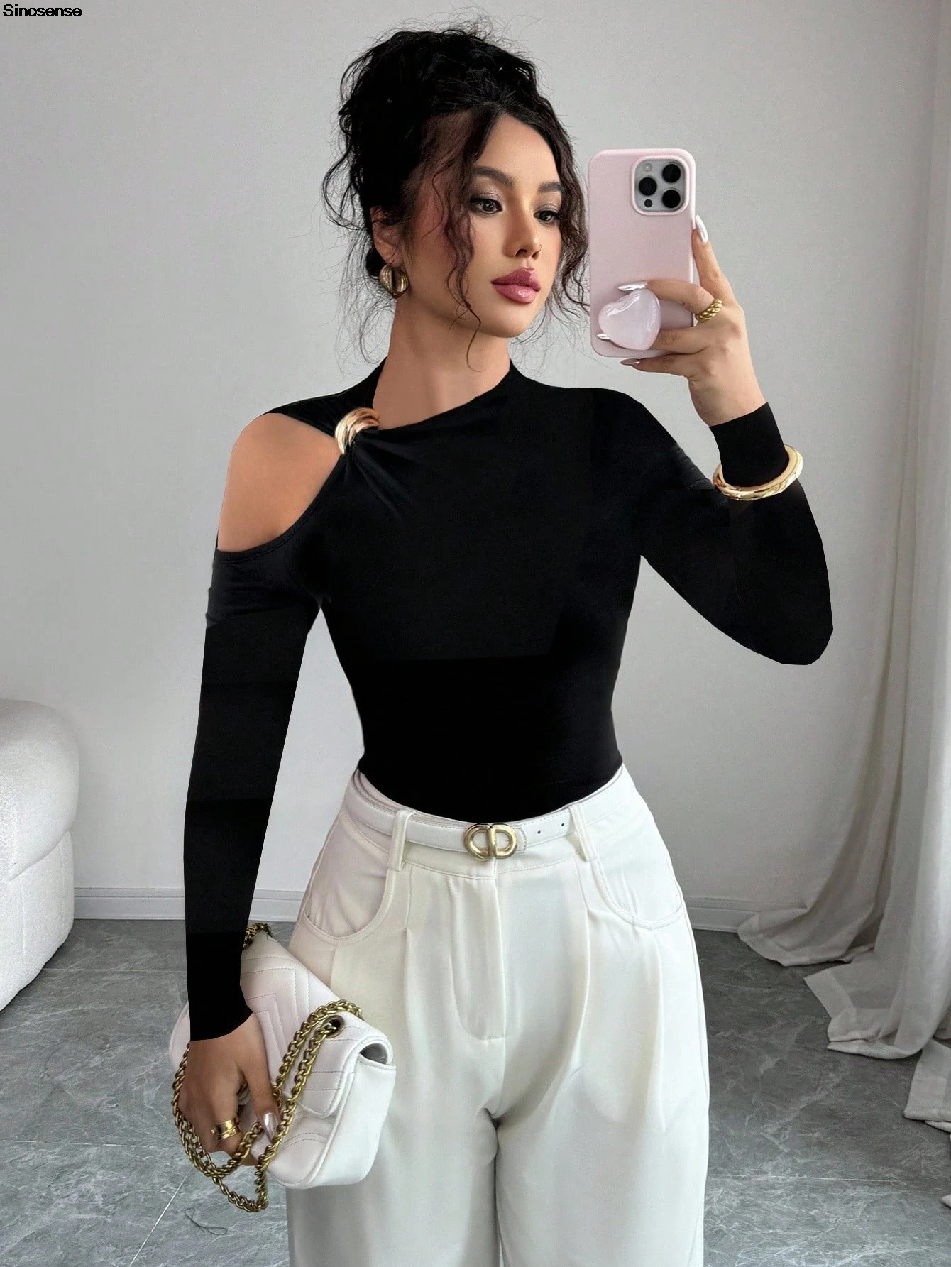 Women Spring Autumn T Shirts Metal Decor Cold Shoulder Long Sleeve Shirts Slim Basic Tee Casual Daily Date Work Office Fall Tops