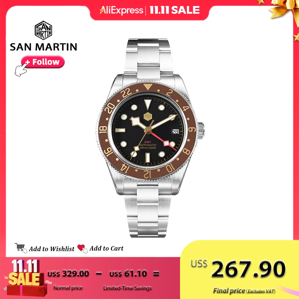 San Martin 39mm Vintage Men Watch With Root Beer Style Bezel NH34 GMT Automatic Mechanical Watches Sapphire Waterproof SN0109