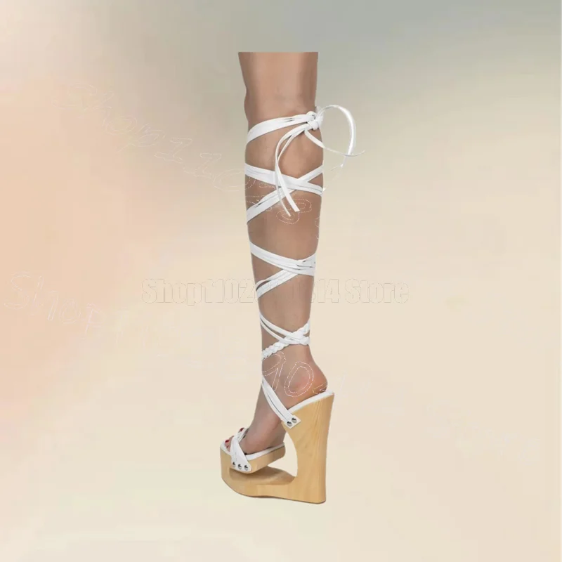 

Silver Strappy Wooden Strange Style Heels Sandals Lace Up Women Shoes New Fashion Party Banquet Dating 2025 Zapatos Para Mujere