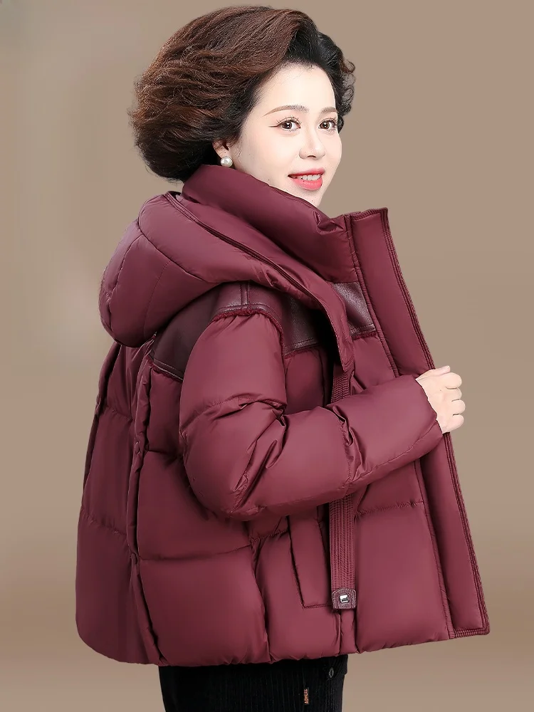 

Модная короткая зимняя куртка-пуховик для мам среднего и старшего возраста, теплая хлопковая верхняя одежда для женщин, новогодний дизайн