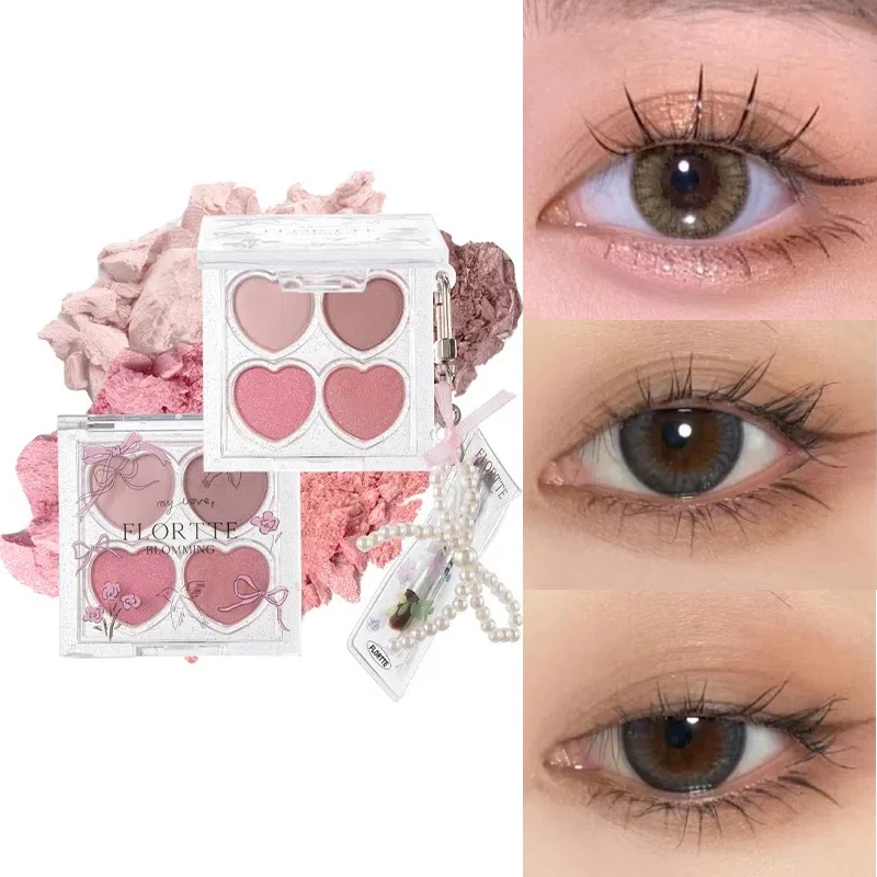 FLORTTE Oogschaduw 4-kleuren Matte Fijne Shimmer Multifunctioneel Draagbaar Palet Hoogtepunt Blusher Glitter Glanzend Gezicht Fleuren Make-up