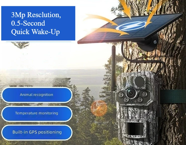 3MP GPS Hunting Camera, Infrared Night Vision Solar, Motion Detection Trail Cam for Outdoor Forest Wildlife Monitoring Use