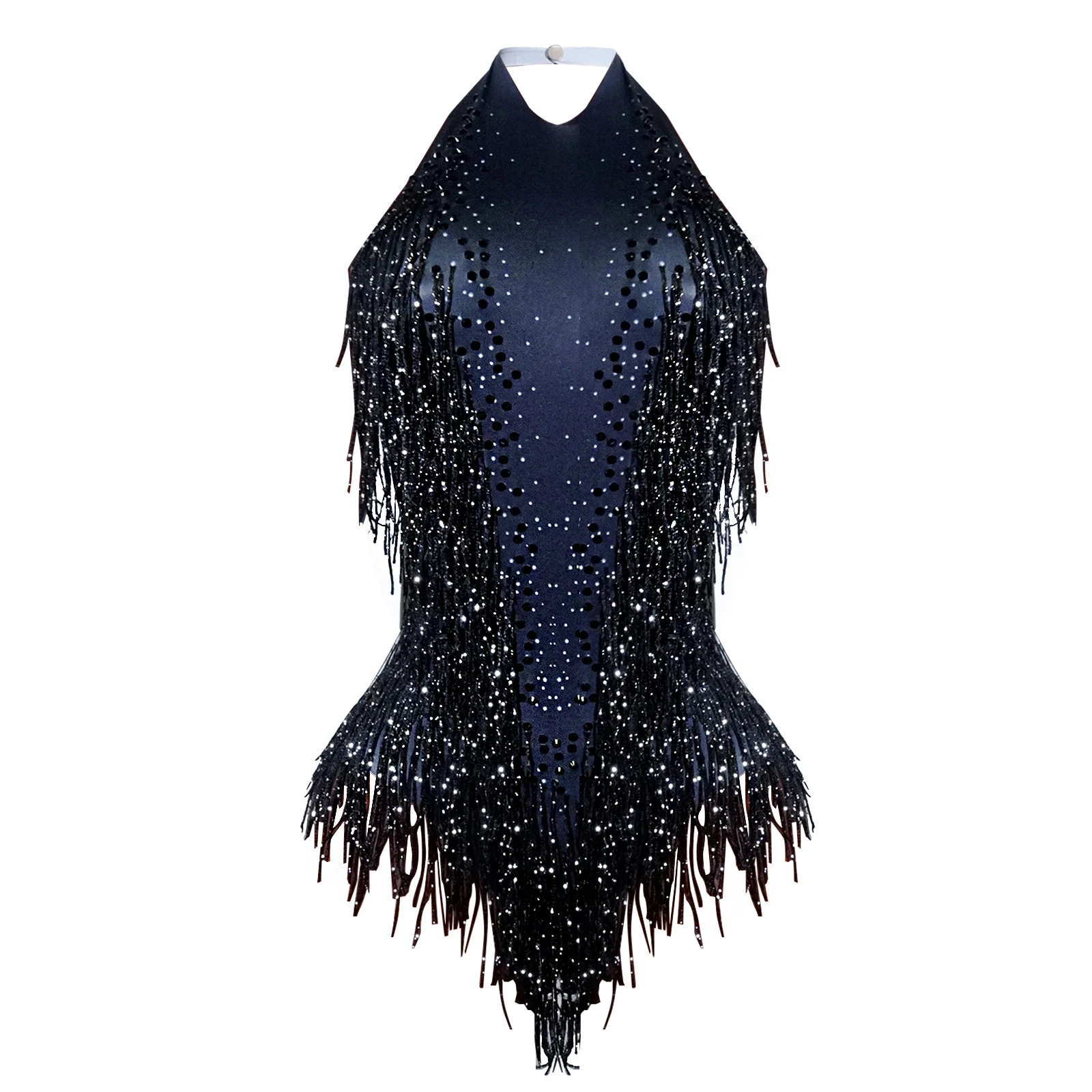 Kostium do tańca latynoamerykańskiego, błyszczący, czarny, kryształki, frędzle, trykot, świętowanie, klub, urodziny, pokaz, taniec na rurze, klub nocny, scena, drag queen