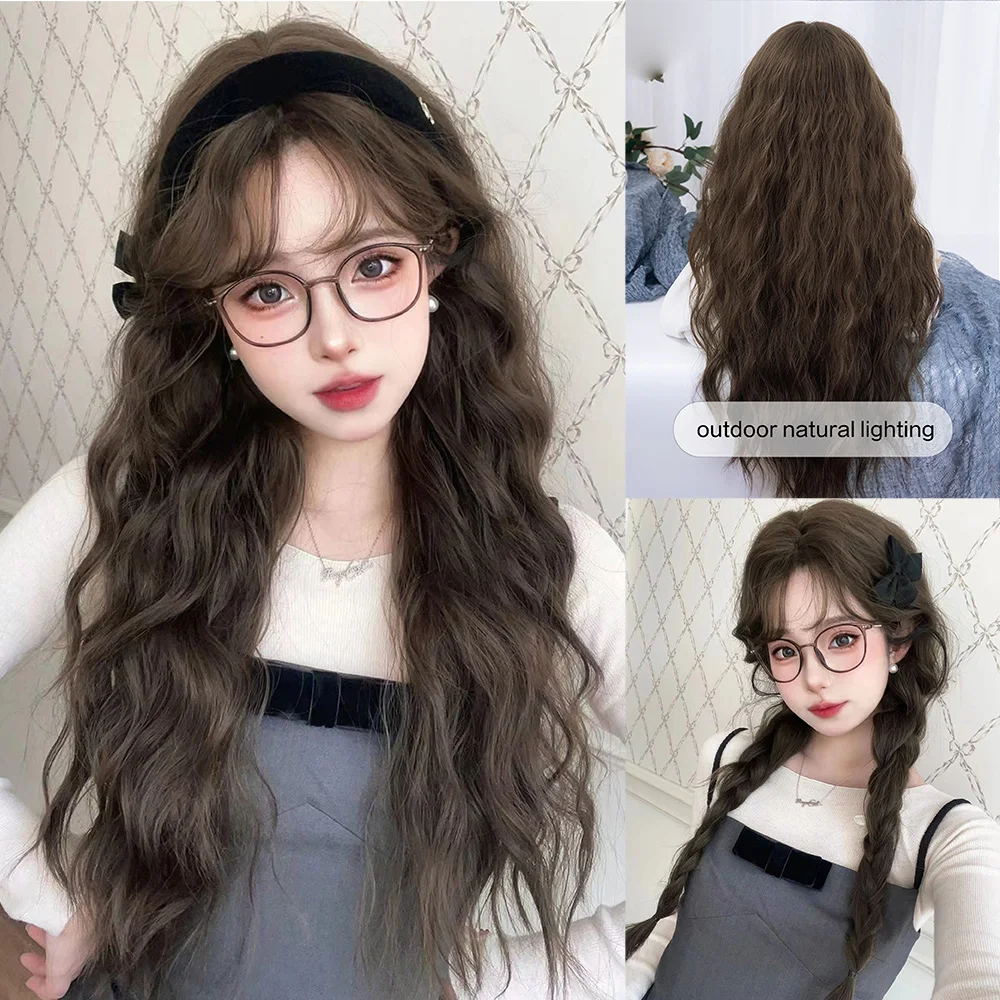 28Inch Cool Brown Lolita Pretty Synthetic Wigs With Bang Long Curly Wavy Hair Wig For Women Daily Use Party Heat Resistant