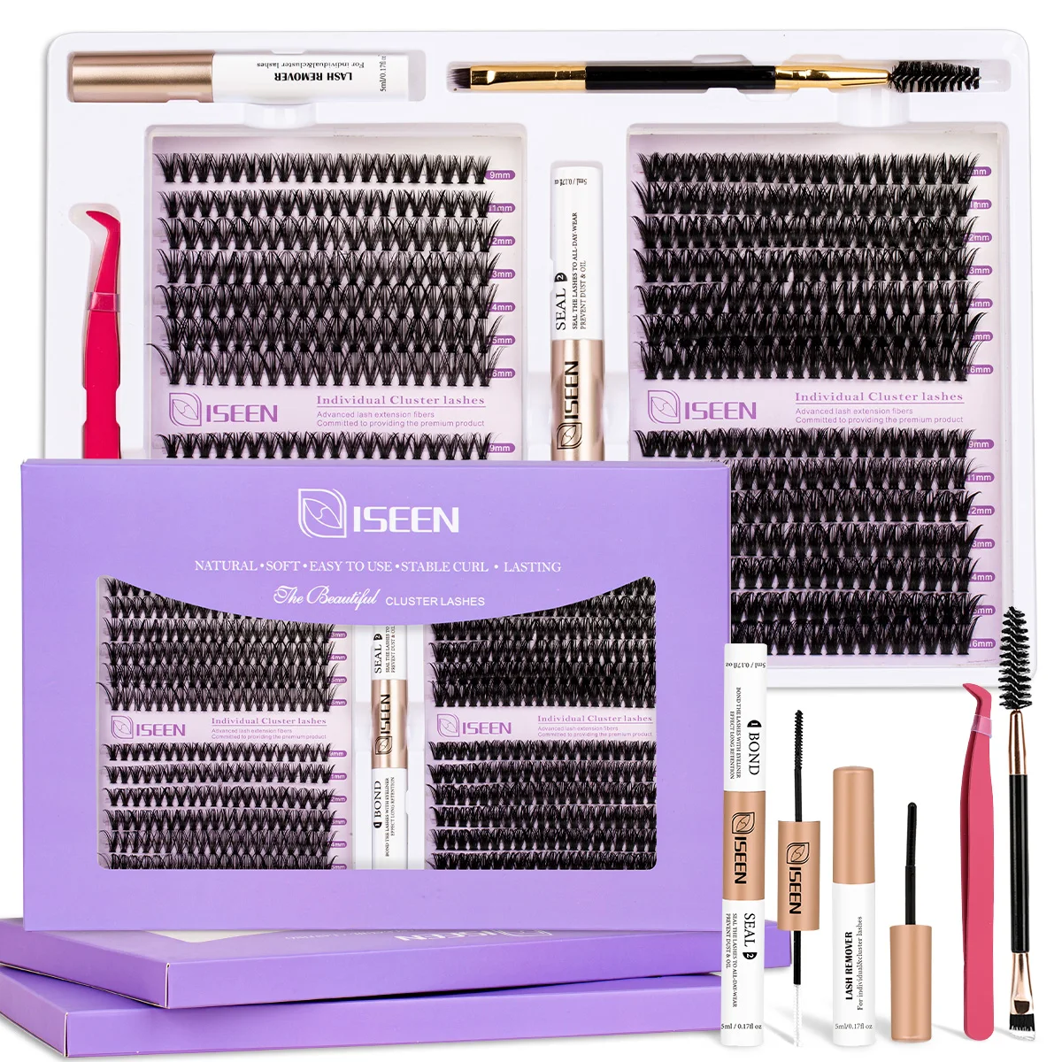 Kit de grupos de pestañas, Kit de extensión de pestañas rizadas de volumen suave D con aplicadores eliminadores de pegamento de unión y sellado para extensiones de pestañas DIY