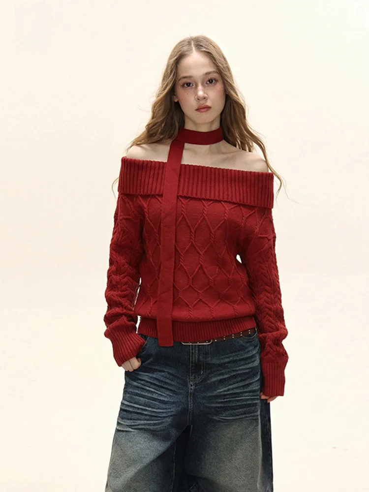 

Женский свободный вязаный свитер на одно плечо, красный, зимний, модный, повседневный, с длинным рукавом, серия Sweet