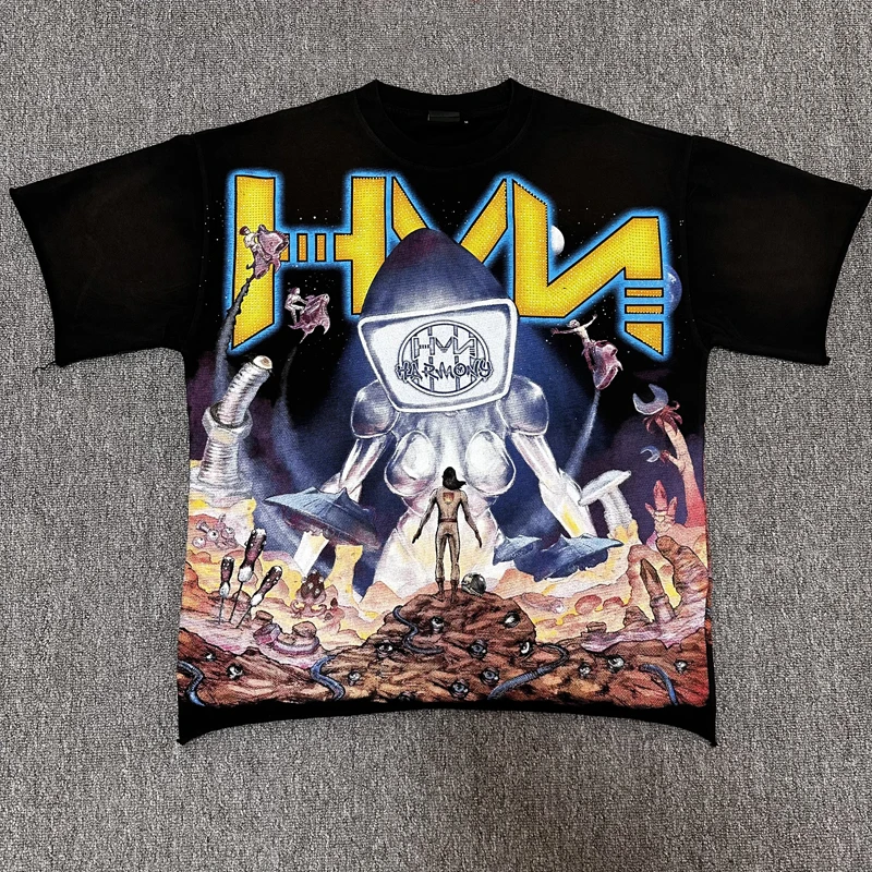 HARMONY Tops Tee Vintage Washed HVM Alien Robot Rhinestone Print Oversized Sci-Fi Streetwear T-Shirt Men Women