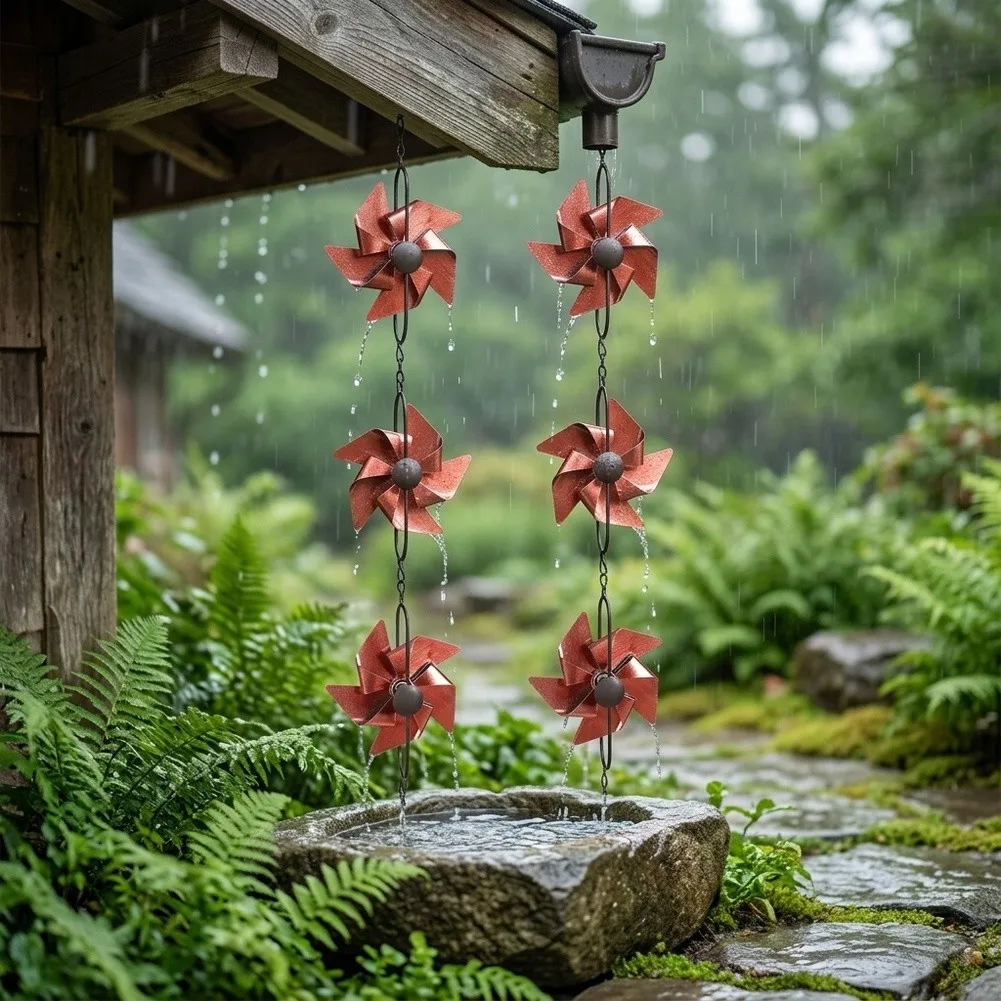 Decorative 8 5ft Metal Rain Chain Pinwheel Style Outdoor Gutter Solution for Collecting Rainwater and Adding Charm