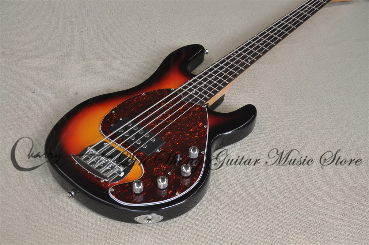 5 Strings  Bass Guitar Sunburst Body Rosewood Fingerboard Fixed Bridge Acitve Battery Red Turtle ShellPickguard