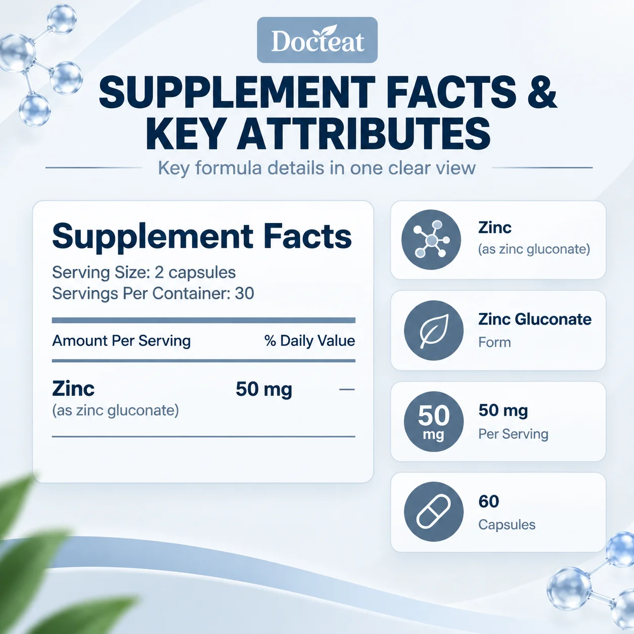 Zinc Gluconate Capsules,Essential Mineral Support for Daily Immune & Skin Wellness,50mg Per Serving, Vegan Friendly,60 Capsules