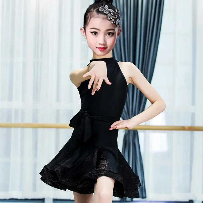 2023 Milk Silk Black Latin Dance Costume for Girls with Ruffled Hemline Standard Professional Grade Children's Performance Dress